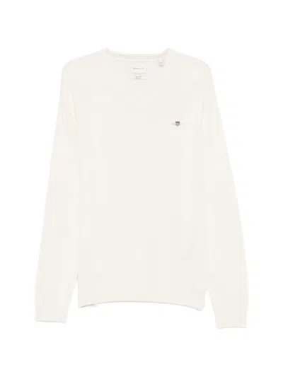 Gant V-neck Logo Sweater In White