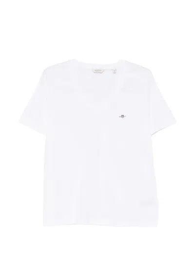 Gant V-neck Logo T-shirt In White