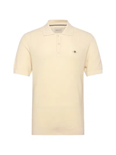 Gant Waffle-knit Embroidered-logo Polo Shirt In Neutral