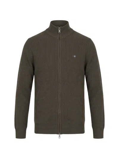Gant Waffle-knit Zip-up Cardigan In Brown