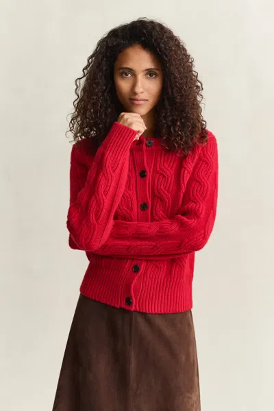 Gant Wool Blend Cable Knit Cardigan In Red