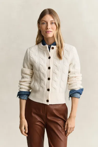 Gant Wool Blend Cable Knit Cardigan In White
