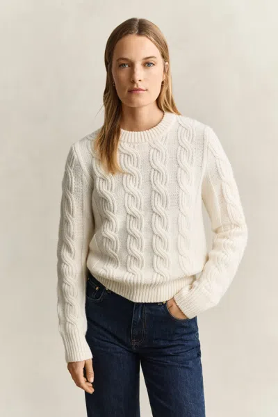 Gant Wool Blend Cable Knit Sweater In White
