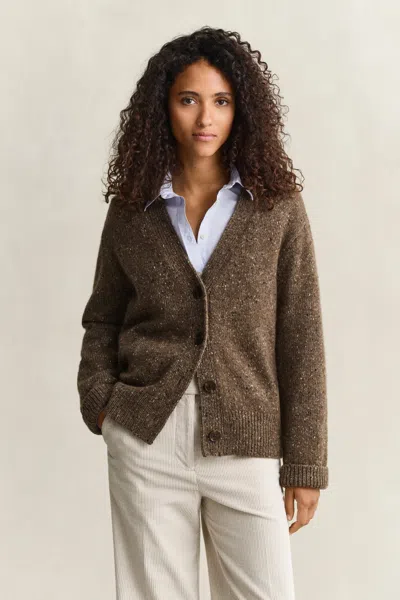 Gant Wool Blend Nepps Cardigan In Caramel Brown