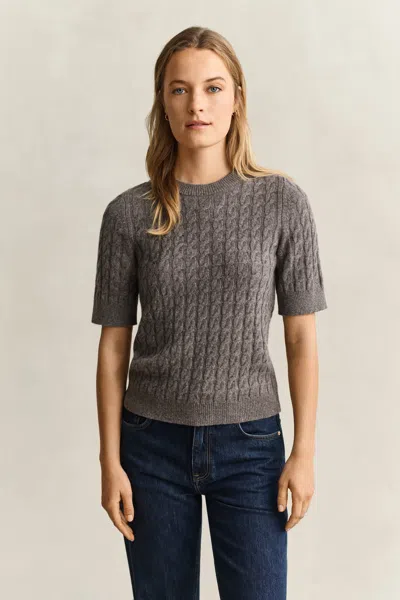 Gant Wool Cashmere Cable Knit Short Sleeve Sweater In Gray