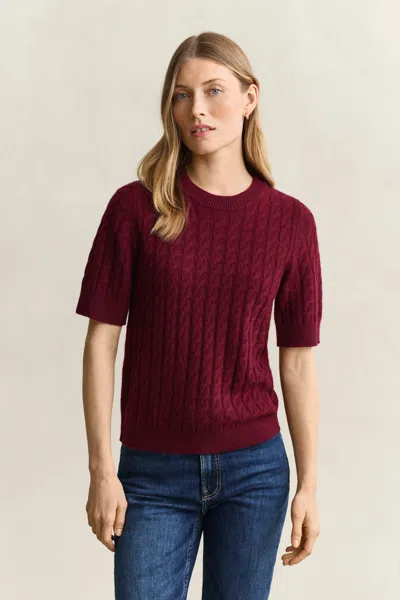 Gant Wool Cashmere Cable Knit Short Sleeve Sweater In Burgundy