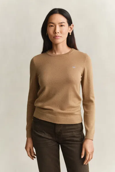 Gant Wool Cotton Crew Neck Sweater In Brown
