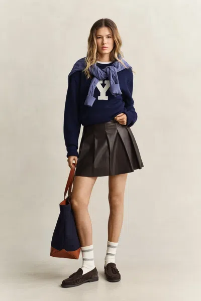 Gant X Yale Pleated Leather Skirt In Deep Brown