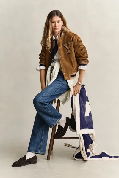 Gant X Yale Suede Varsity Jacket In Roasted Walnut