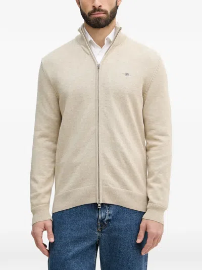 Gant Zip-up Embroidered-logo Sweater In Neutral