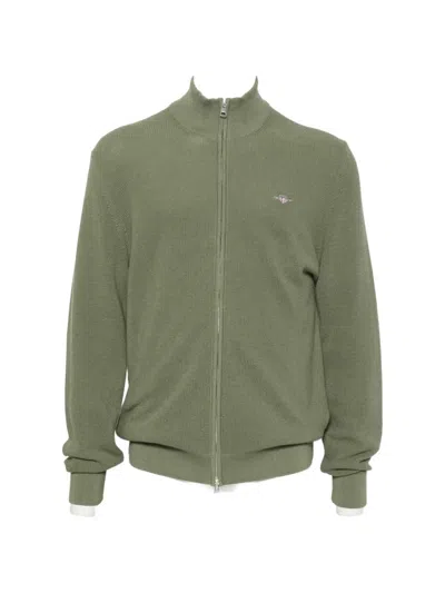 Gant Zip-up Waffle-knit Cardigan In Green