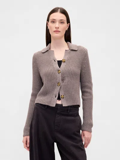 Gap 100% Cotton Collared Crop Cardigan Sweater In Brown