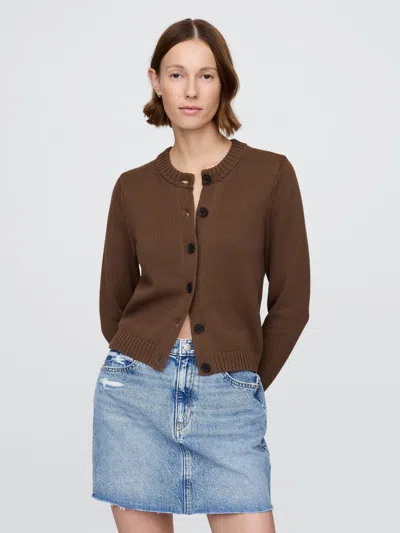 Gap 100% Cotton Crewneck Cardigan In Cool Brown