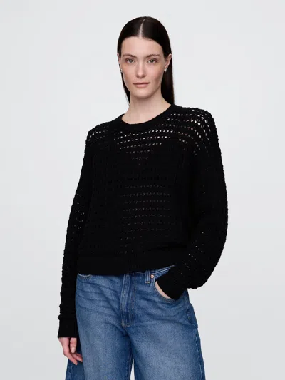 Gap 100% Cotton Crochet Crewneck Sweater In Black