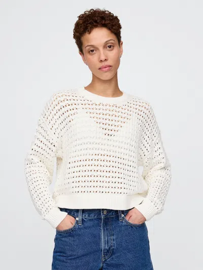 Gap 100% Cotton Crochet Crewneck Sweater In Off White