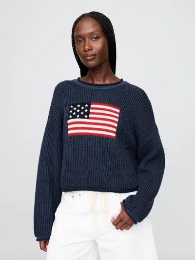 Gap 100% Cotton Cropped Oversized Americana Rib Sweater In Blue