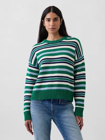 Gap 100% Cotton Oversized Crop Sweater In Green & Blue Stripe