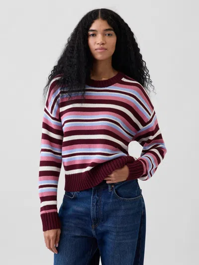 Gap 100% Cotton Oversized Crop Sweater In Purple Burgundy & Blue Multi Stripe