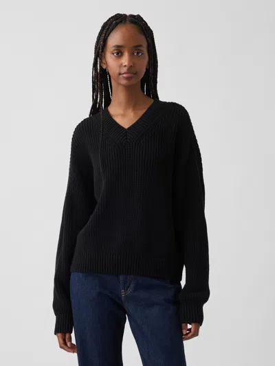 Gap 100% Cotton Oversized Shaker V-neck Sweater In Basic Black