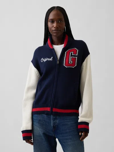 Gap 100% Cotton Oversized Varsity Sweater Jacket In Navy Blue Uniform
