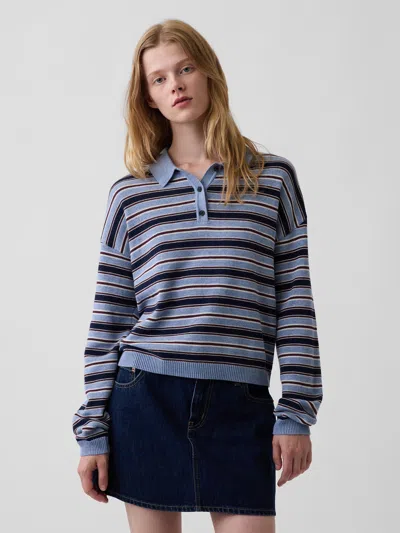 Gap 100% Cotton Relaxed Polo Shirt Sweater In Blue Stripe