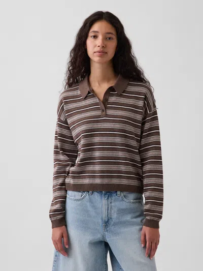 Gap 100% Cotton Relaxed Polo Shirt Sweater In Brown Stripe