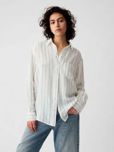 Gap 100% Linen Big Shirt In White And Navy Blue Stripe