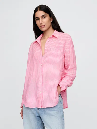 Gap 100% Linen Oversized Shirt In Pink Stripe