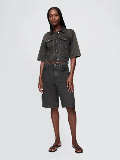 Gap 11" Mid Rise French Terry Denim Longline Shorts In Moonless Black Night