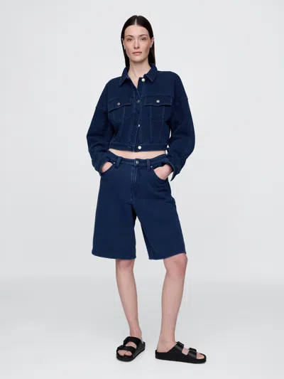 Gap 11" Mid Rise French Terry Denim Longline Shorts In Blue Indigo