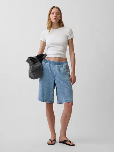 Gap 11" Mid Rise Ultrasoft Easy Stripe Longline Denim Shorts In Purple