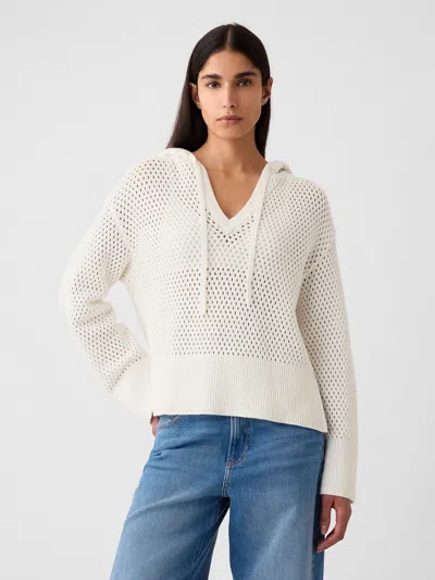 Gap 24/7 Split-hem Crochet Sweater Hoodie In Off White
