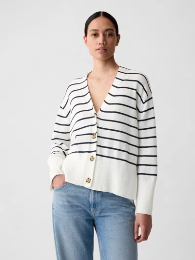 Gap 24/7 Split-hem Linen-blend Oversized Cardigan In White Navy Stripe