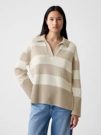 Gap 24/7 Split-hem Polo Shirt Sweater In Beige Stripe