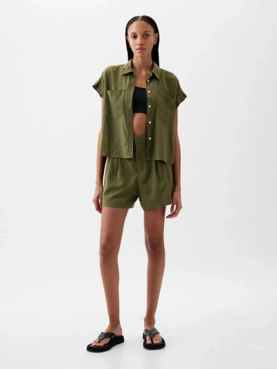 Gap 365 High Rise Linen-blend Shorts In Olive Night
