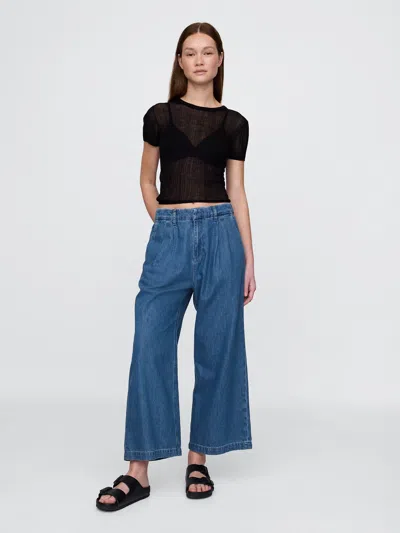 Gap 365 High Rise Ultrasoft Denim Pleated Ankle Trousers In Medium Indigo