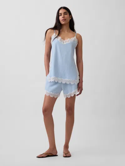 Gap 4" Mid Rise Linen-blend Lace-trim Shorts In Blue