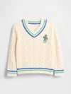 Gap Baby & Toddler Bear Logo Varsity V-neck Cable Knit Sweater In Multi