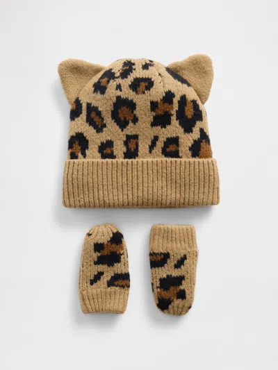 Gap Baby & Toddler Cashsoft Leopard Beanie & Mittens Set In Brown
