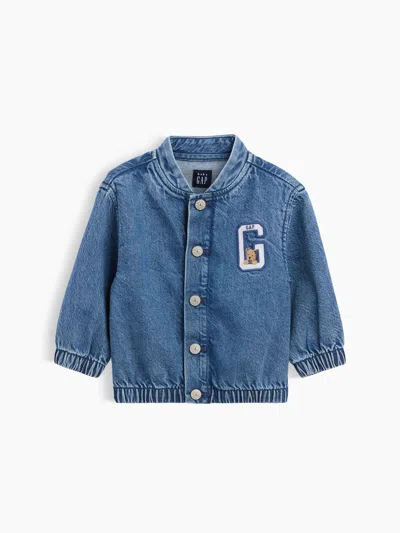 Gap Baby Denim Brannan Bear Varsity Logo Jacket In Medium Wash