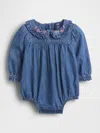 Gap Baby Denim Ruffle Collar Bubble Bodysuit In Blue