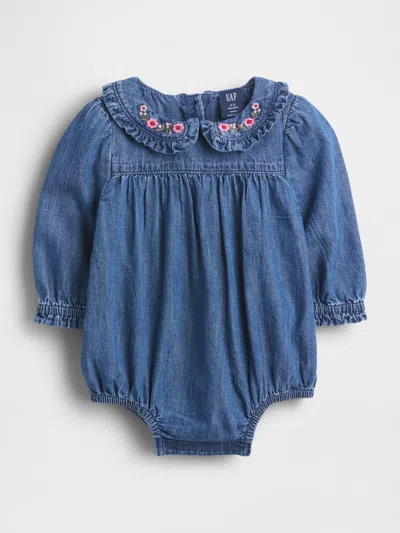 Gap Baby Denim Ruffle Collar Bubble Bodysuit In Blue