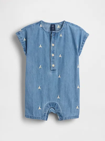 Gap Kids' Baby Embroidered Brannan Bear Denim Shorty One-piece In Blue