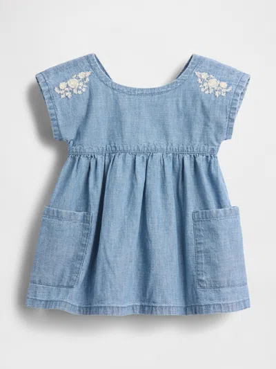 Gap Baby Embroidered Denim Pocket Dress In Blue