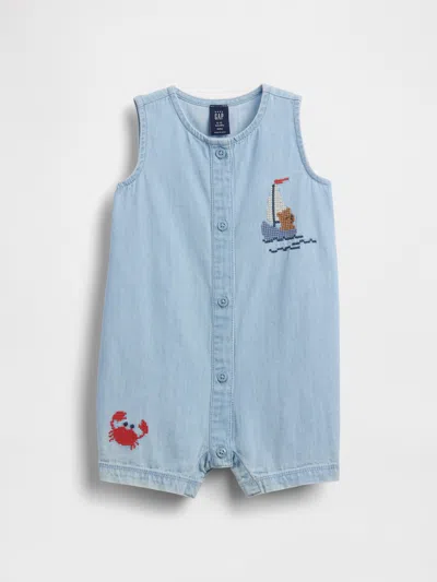 Gap Kids' Baby Embroidered Denim Tank Shorty One-piece In Brown