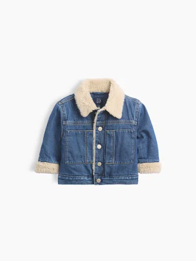 Gap Baby Sherpa Bear Icon Denim Jacket In Medium Wash