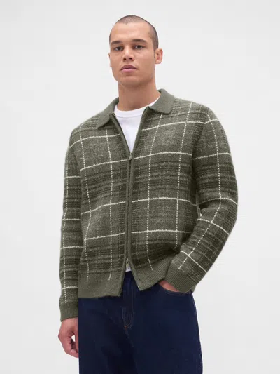 Gap Brushed Plaid Zip Sweater In Green