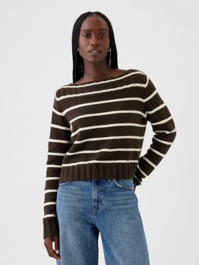 Gap Cashsoft Boatneck Sweater In Brown And White Stripe