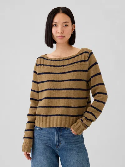 Gap Cashsoft Boatneck Sweater In Khaki Tan Stripe And Navy Blue Stripe