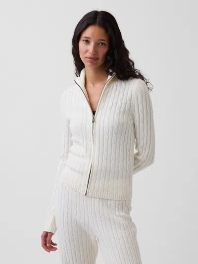 Gap Cashsoft Cable-knit Crop Zip Cardigan In White